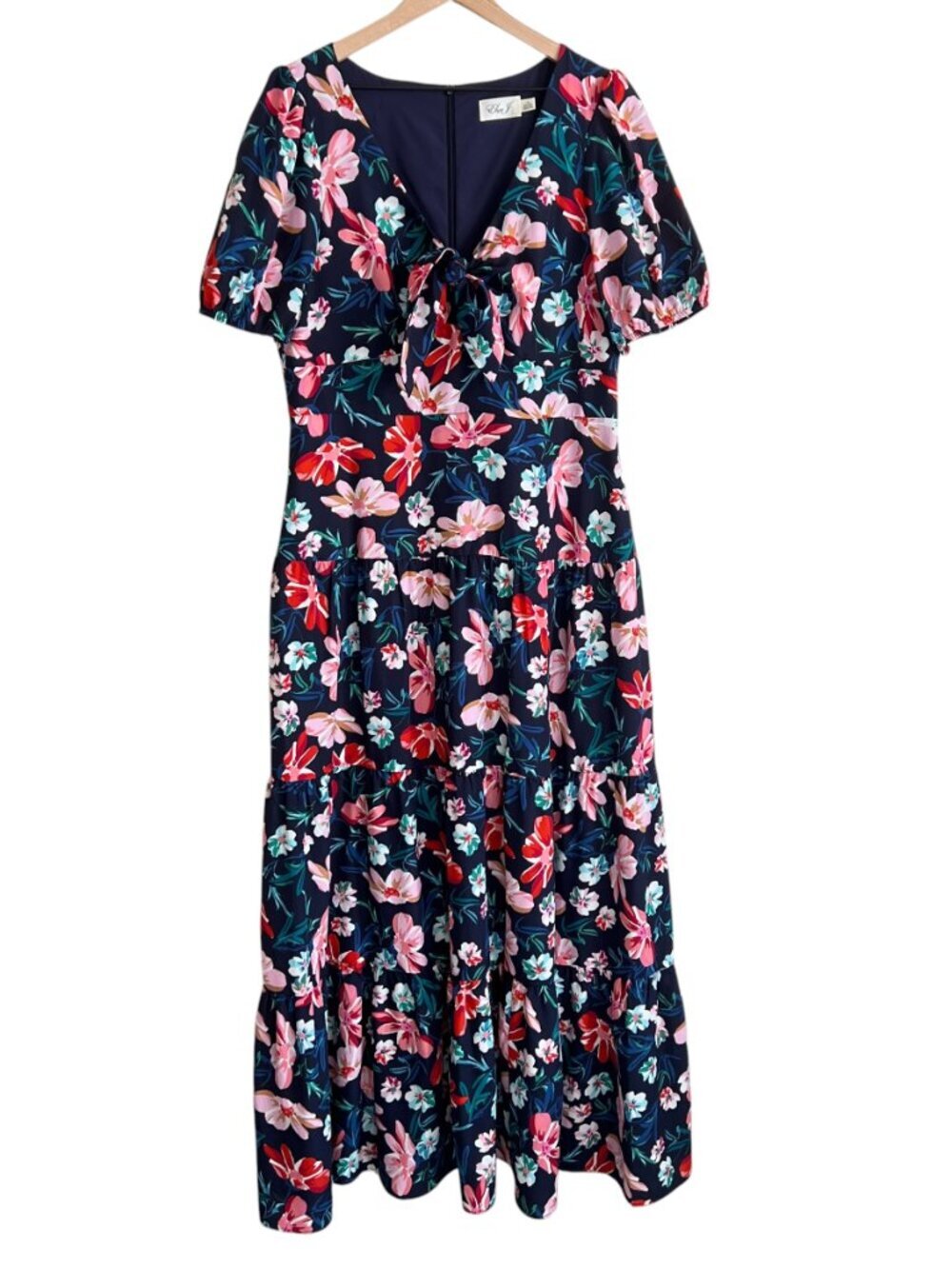 Eliza J Navy Floral Printed Short Sleeve Tie Front Maxi Dress - Picture 2 of 7